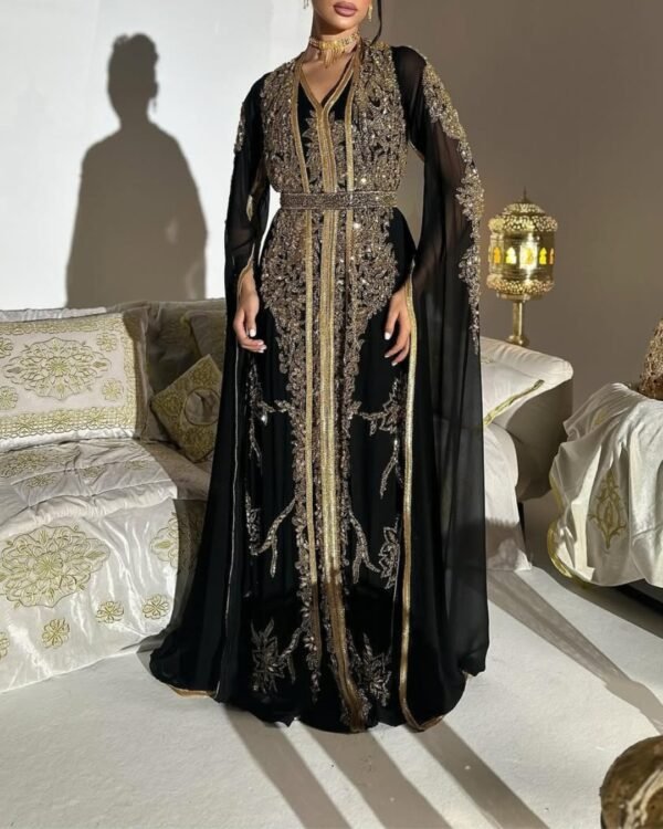 Luxurious Black & Gold Han beaded Moroccan Kaftan Gown - Image 2
