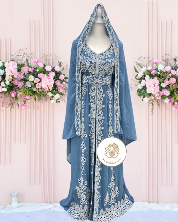 Sky Blue Hand-Embroidered Moroccan Kaftan Nikkah Abaya with Scarf (1)