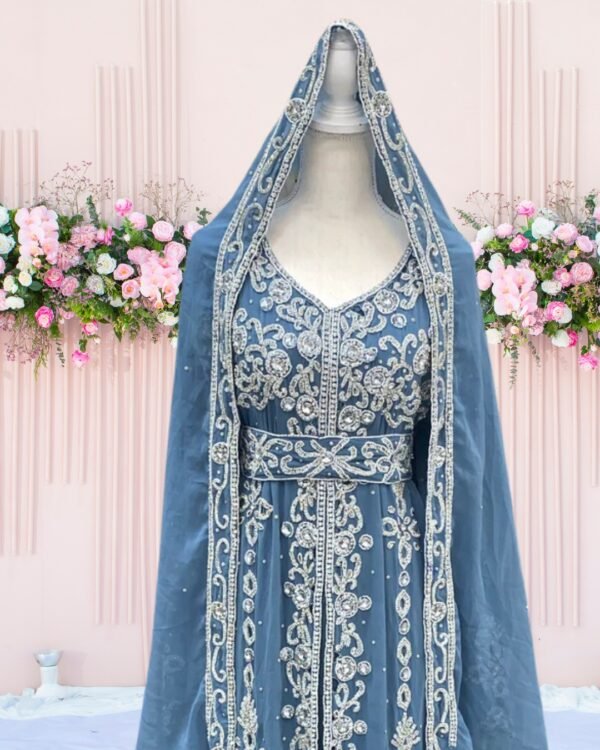 Sky Blue Hand-Embroidered Moroccan Kaftan Nikkah Abaya with Scarf - Image 2