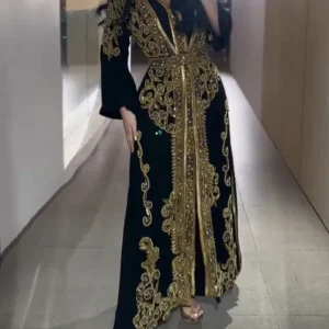 Royal Black and Gold Moroccan Kaftan Gown with Full Front Embroidery – Elegant Formal Dress for Weddings & Eid
