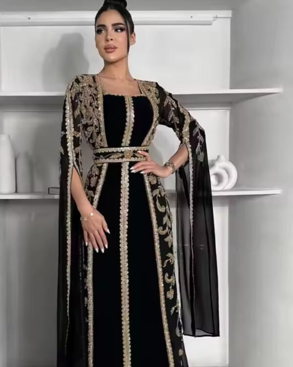 Elegant Black and Gold Hand Embroidered Moroccan Kaftan with Open Front Cape – Square Neck Design - Image 4