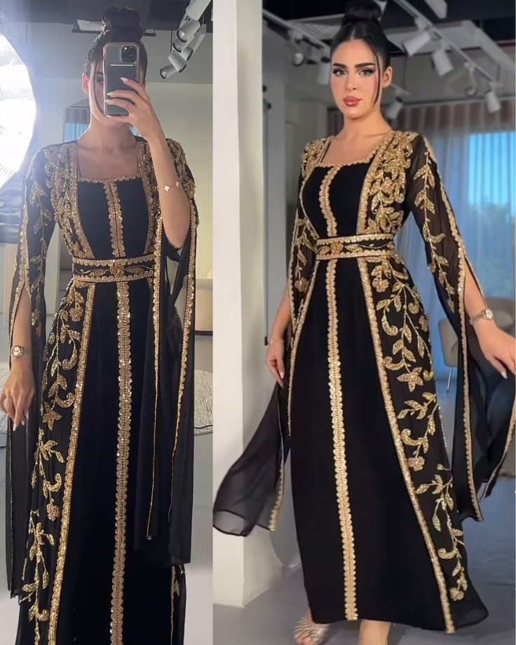 Elegant Black and Gold Hand Embroidered Moroccan Kaftan (1)