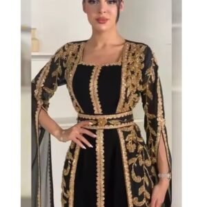 Elegant Black and Gold Hand Embroidered Moroccan Kaftan with Open Front Cape – Square Neck Design