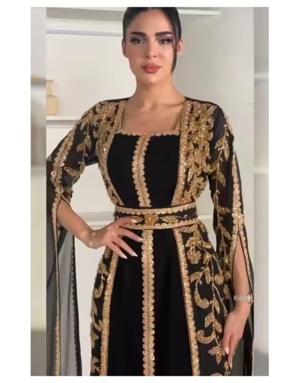 Elegant Black and Gold Hand Embroidered Moroccan Kaftan with Open Front Cape – Square Neck Design - Image 2