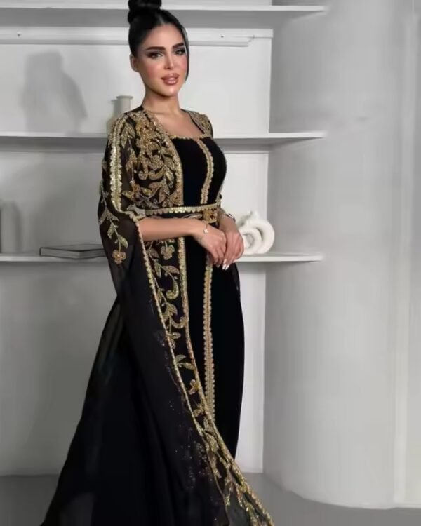 Elegant Black and Gold Hand Embroidered Moroccan Kaftan with Open Front Cape – Square Neck Design - Image 3