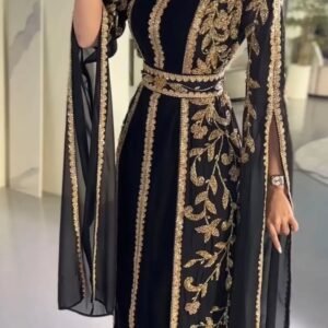 Elegant Black and Gold Hand Embroidered Moroccan Kaftan with Open Front Cape – Square Neck Design