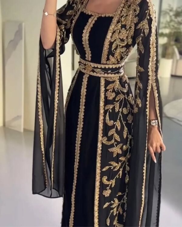 Elegant Black and Gold Hand Embroidered Moroccan Kaftan with Open Front Cape – Square Neck Design - Image 5