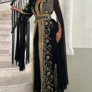 Luxury Black Moroccan Kaftan Dress with Emerald-Gold Hand Embroidery – Cape Sleeves & Belted Waist