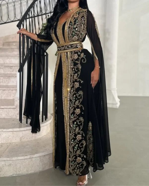 Luxury Black Moroccan Kaftan Dress with Emerald-Gold Hand Embroidery – Cape Sleeves & Belted Waist