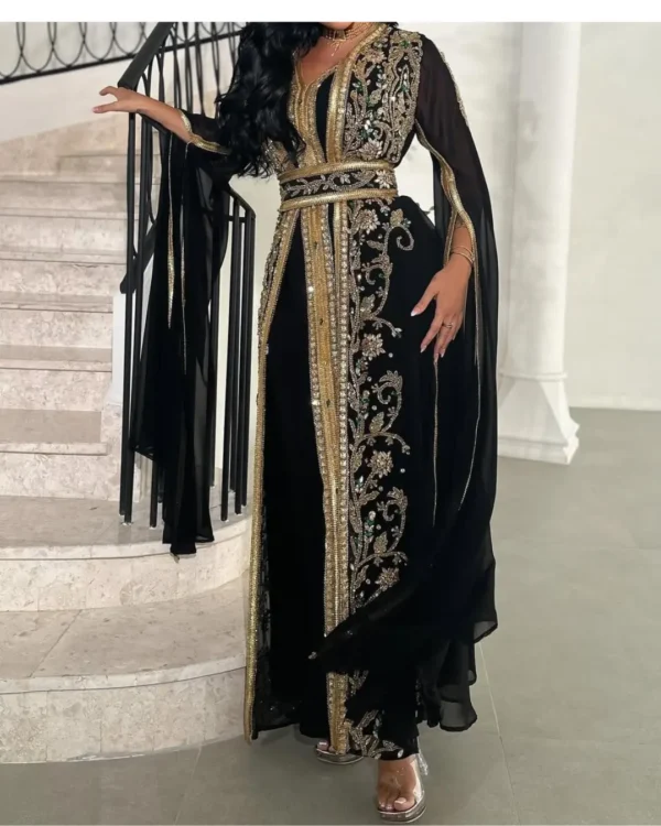 Luxury Black Moroccan Kaftan Dress with Emerald-Gold Hand Embroidery – Cape Sleeves & Belted Waist - Image 4