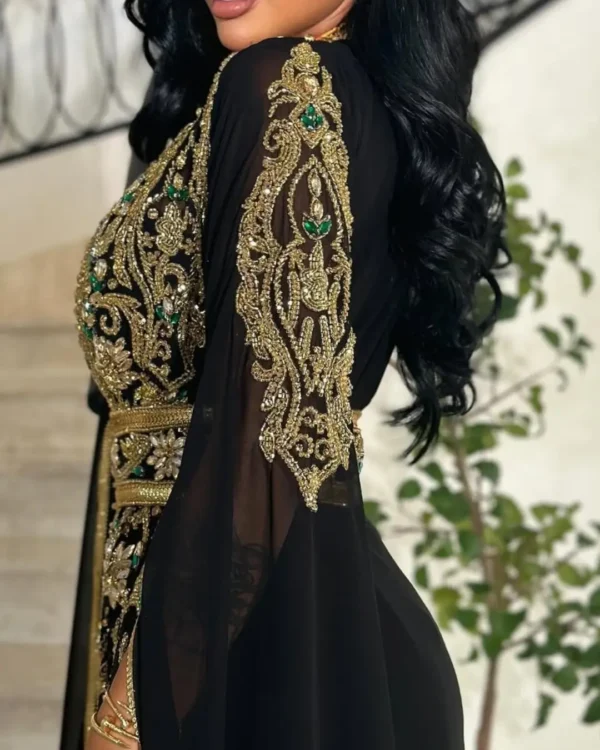 Luxury Black Moroccan Kaftan Dress with Emerald-Gold Hand Embroidery – Cape Sleeves & Belted Waist - Image 5