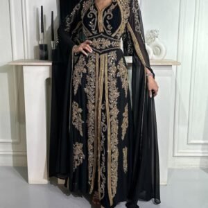 Luxury Black and Gold Moroccan Kaftan Dress with Hand Embroidery – Evening Gown with Cape Sleeves