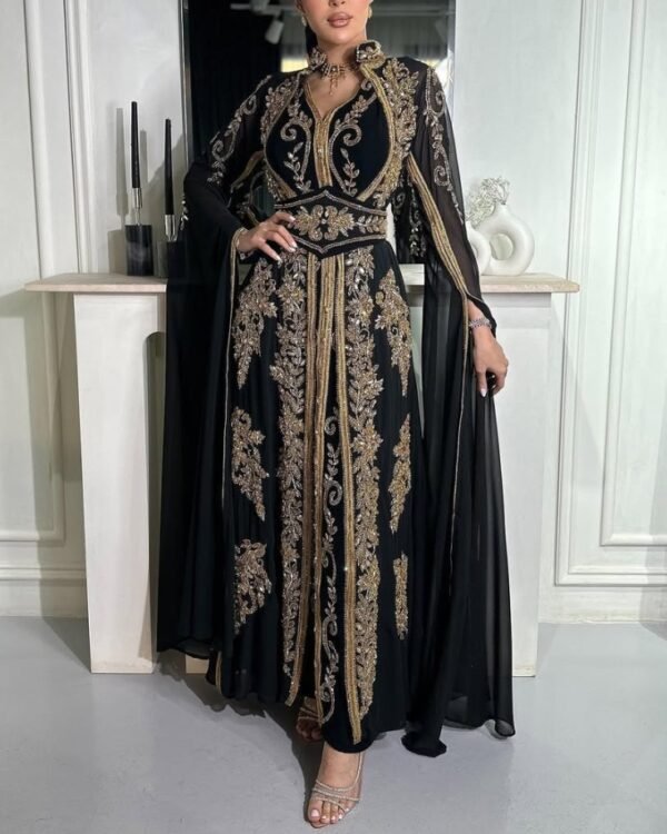 Luxury Black and Gold Moroccan Kaftan Dress with Hand Embroidery – Evening Gown with Cape Sleeves