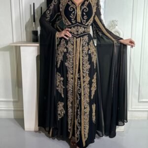 Luxury Black and Gold Moroccan Kaftan Dress with Hand Embroidery – Evening Gown with Cape Sleeves
