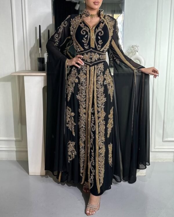 Luxury Black and Gold Moroccan Kaftan Dress with Hand Embroidery – Evening Gown with Cape Sleeves - Image 2