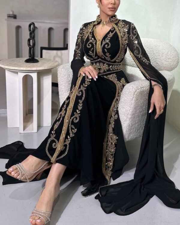 Luxury Black and Gold Moroccan Kaftan Dress with Hand Embroidery – Evening Gown with Cape Sleeves - Image 3