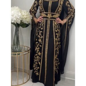 Black Moroccan Kaftan Dress with Gold Floral Embroidery and Belt – Eid and Wedding Outfit