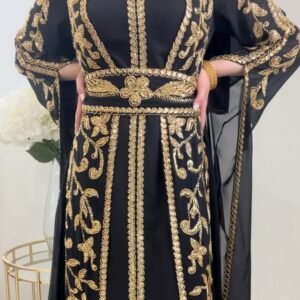 Black Moroccan Kaftan Dress with Gold Floral Embroidery and Belt – Eid and Wedding Outfit