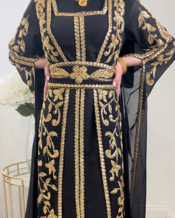 Black Moroccan Kaftan Dress with Gold Floral Embroidery and Belt – Eid and Wedding Outfit - Image 2