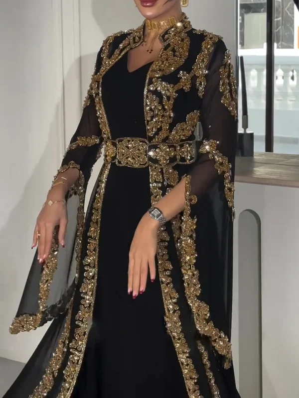 Elegant Black Moroccan Kaftan with Gold Royal Embroidery & Belt – Handmade Formal Abaya Gown for Eid & Weddings - Image 5