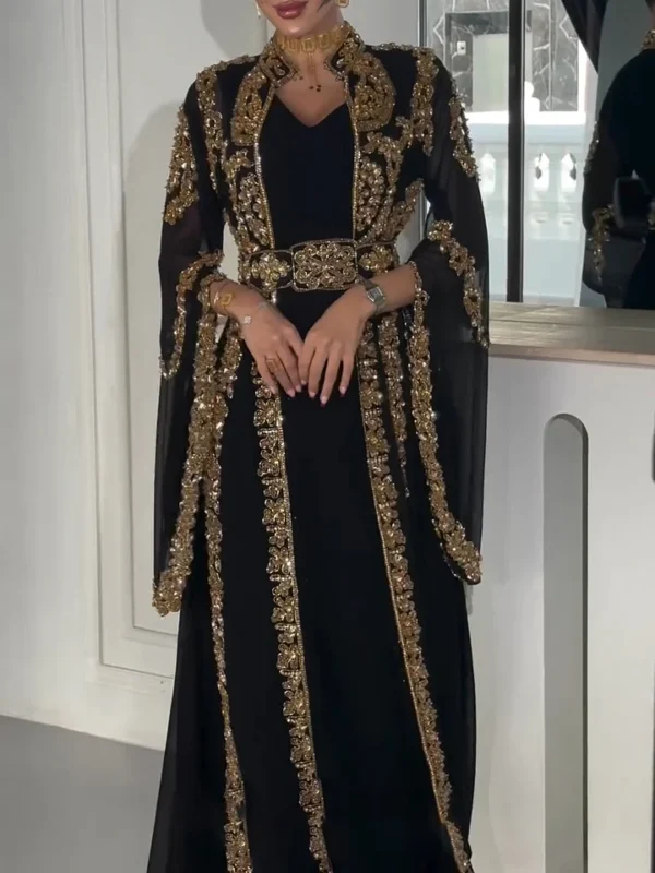Elegant Black Moroccan Kaftan with Gold Royal Embroidery & Belt – Handmade Formal Abaya Gown for Eid & Weddings - Image 6