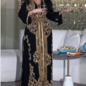 Royal Black and Gold Moroccan Kaftan Gown with Full Front Embroidery – Elegant Formal Dress for Weddings & Eid