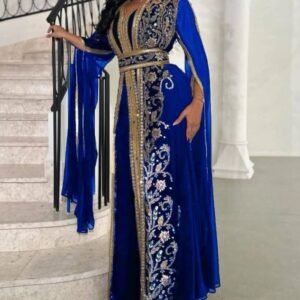 Luxury Black Moroccan Kaftan Dress with Emerald-Gold Hand Embroidery – Cape Sleeves & Belted Waist