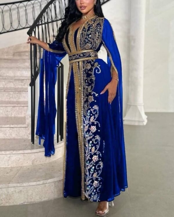 Luxury Black Moroccan Kaftan Dress with Emerald-Gold Hand Embroidery – Cape Sleeves & Belted Waist - Image 2