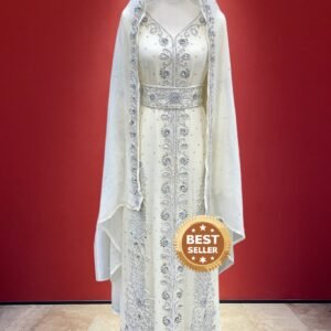 White Moroccan Bridal Kaftan with Silver Hand Embroidery and Hooded Cape – Best Seller Wedding Dress