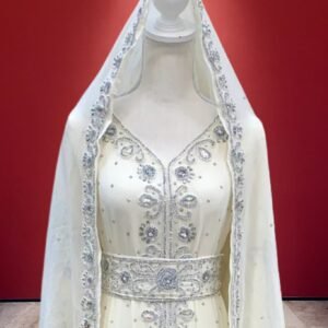 White Moroccan Bridal Kaftan with Silver Hand Embroidery and Hooded Cape – Best Seller Wedding Dress