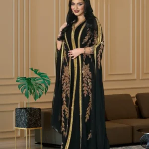 Elegant Black & Gold Kaftan Dress – Luxury Embroidered Abaya Gown