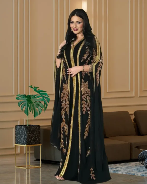 Elegant Black & Gold Kaftan Dress – Luxury Embroidered Abaya Gown