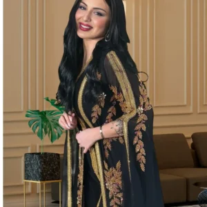 Elegant Black & Gold Kaftan Dress – Luxury Embroidered Abaya Gown
