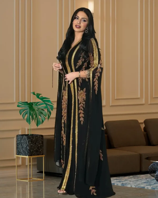 Elegant Black & Gold Kaftan Dress – Luxury Embroidered Abaya Gown - Image 4