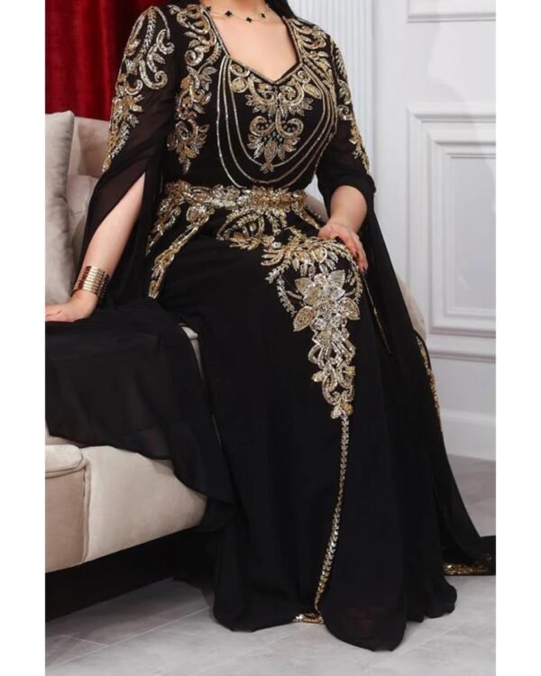 Luxury Black & Gold Moroccan Kaftan Dress – Hand Embroidered Elegance - Image 3