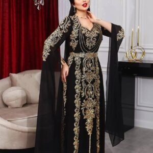 Luxury Black & Gold Moroccan Kaftan Dress – Hand Embroidered Elegance