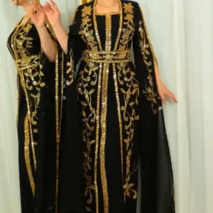 Luxury Black & Gold Moroccan Kaftan Dress – Hand Embroidered Elegance